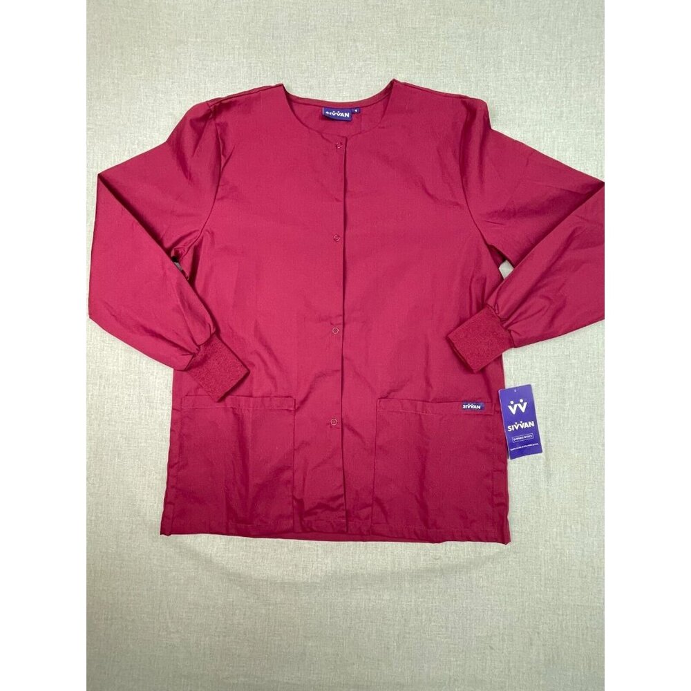 Sivvan Women's Scrub Warm-Up Jacket Front Snap Round Neck Red Size Small